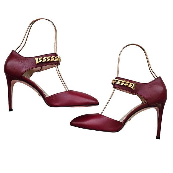 Gucci Malaga Kid Sylvie Gold Chain Pumps Heels Size 37 US 7 Burgundy Red Pointed - Picture 4 of 12
